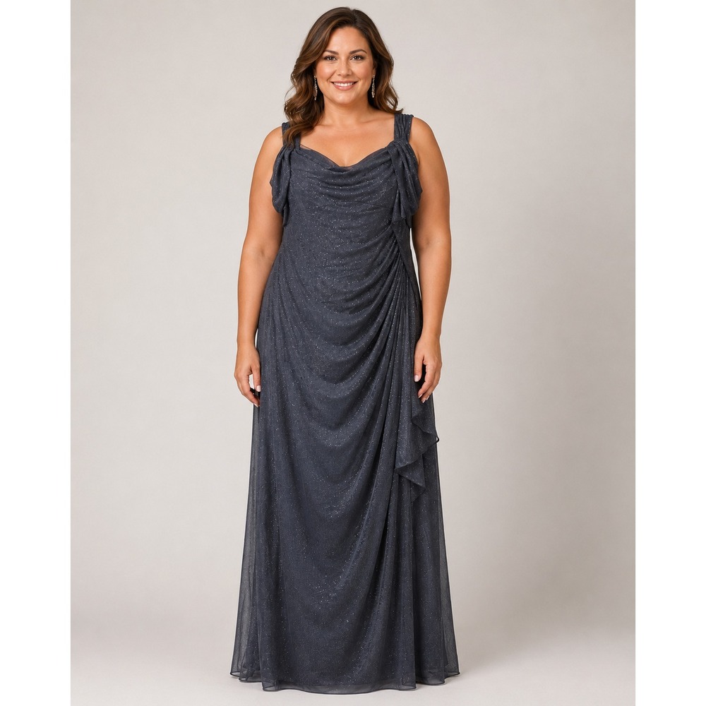 Alex Evenings Glitter Cowl Neck Ruched Formal Gown Dress Black Silver Size 12